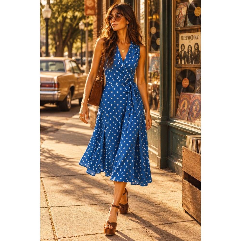 Black Label by Evan-Picone Dress Blue Polka Dot Retro Pinup Midi Size 10